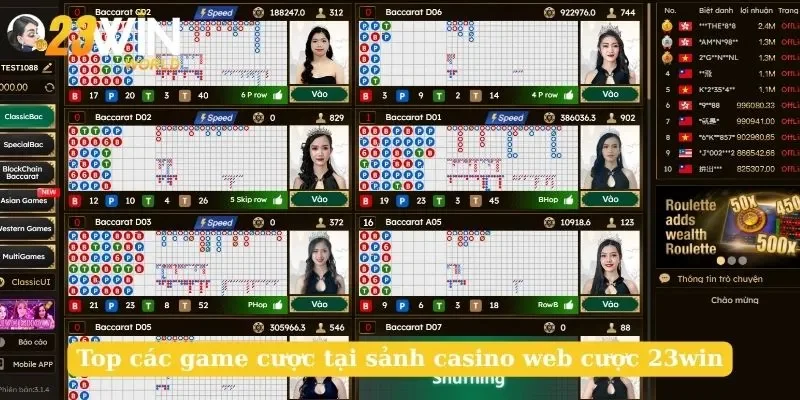 Top các game cược tại sảnh casino web cược 23win